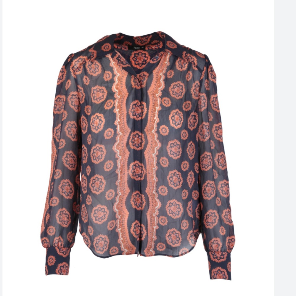 PAIGE Navy and Coral Printed Silk Blouse